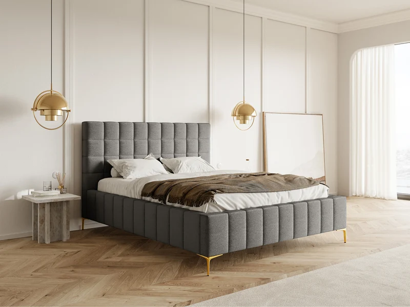 Gepolstertes Bett 160x200 cm Szejlo mit Stauraum, Metallrahmen, grauer Chenille-Stoff