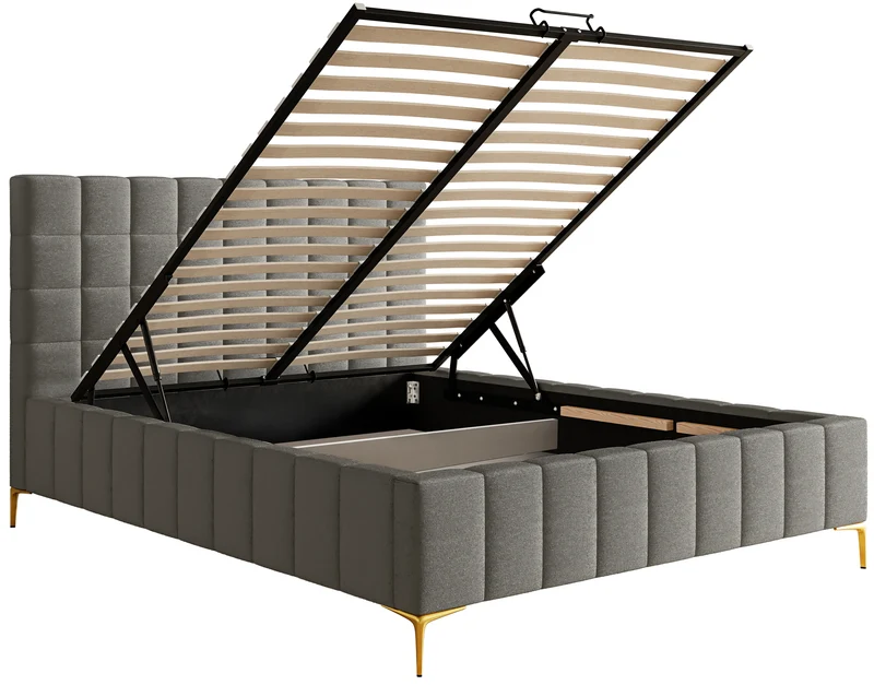 Gepolstertes Bett 160x200 cm Szejlo mit Stauraum, Metallrahmen, grauer Chenille-Stoff