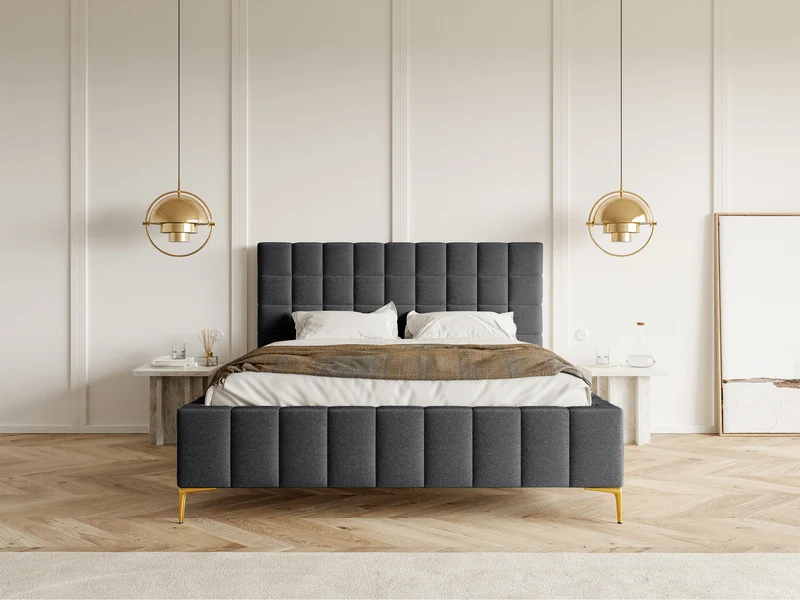 Polsterbett 140x200 cm Szejlo mit Stauraum, Metallrahmen, dunkelgrauer Chenillestoff