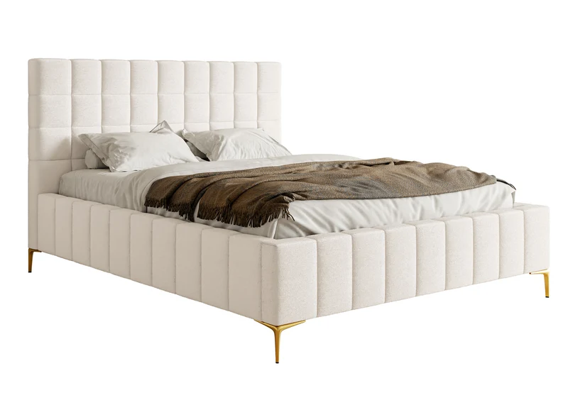 Polsterbett 160x200 cm Szejlo mit Stauraum, Metallrahmen, cremefarbenes Chenille