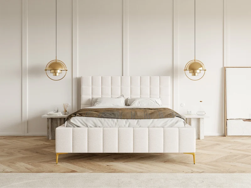 Polsterbett 160x200 cm Szejlo mit Stauraum, Metallrahmen, cremefarbenes Chenille