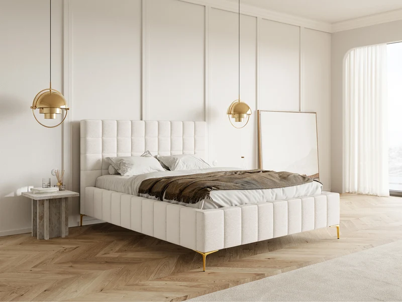 Polsterbett 160x200 cm Szejlo mit Stauraum, Metallrahmen, cremefarbenes Chenille