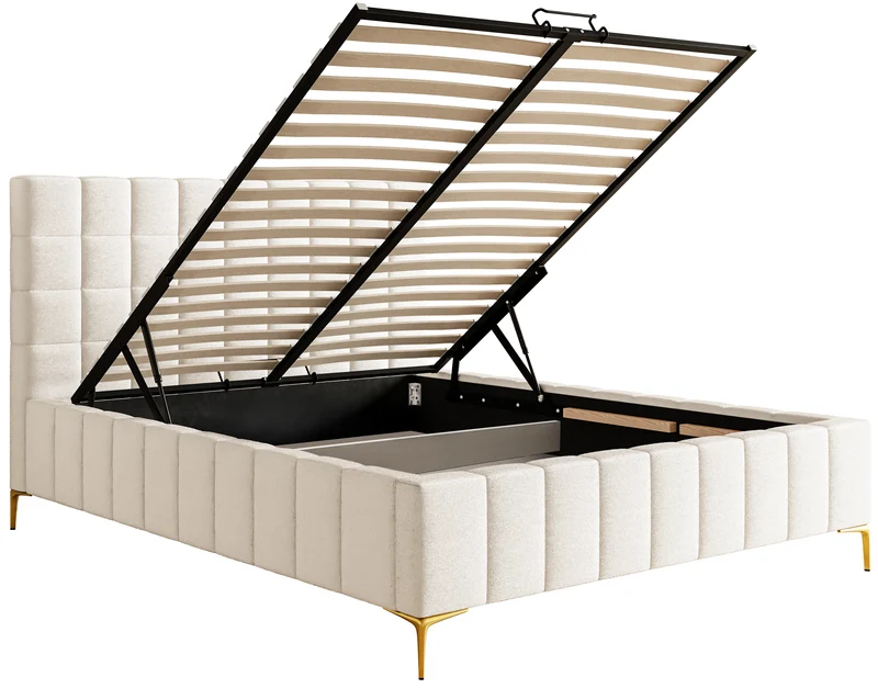 Polsterbett 160x200 cm Szejlo mit Stauraum, Metallrahmen, cremefarbenes Chenille