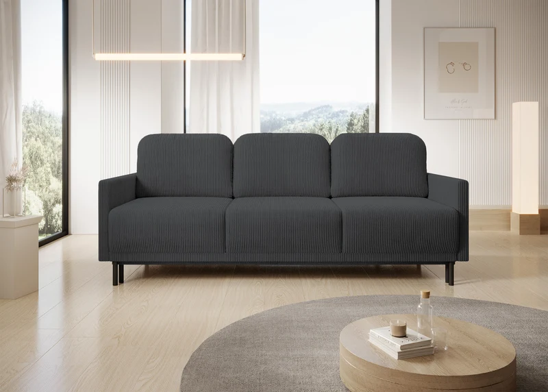 Dreisitziges ausklappbares Sofa Hamiel mit Stauraum, blau-grau Cordstoff