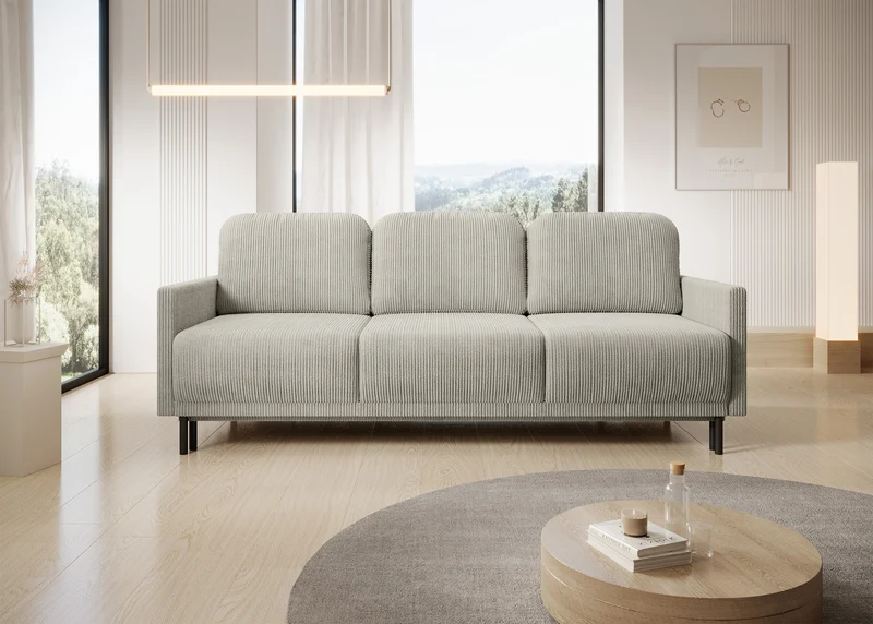 Dreisitziges Klappsofa Hamiel mit Stauraum, hellbeiger Cordstoff