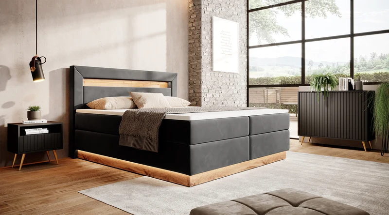 Kontinentales Bett Promie 140x200 cm mit Topper und Beleuchtung, grafischer Samt