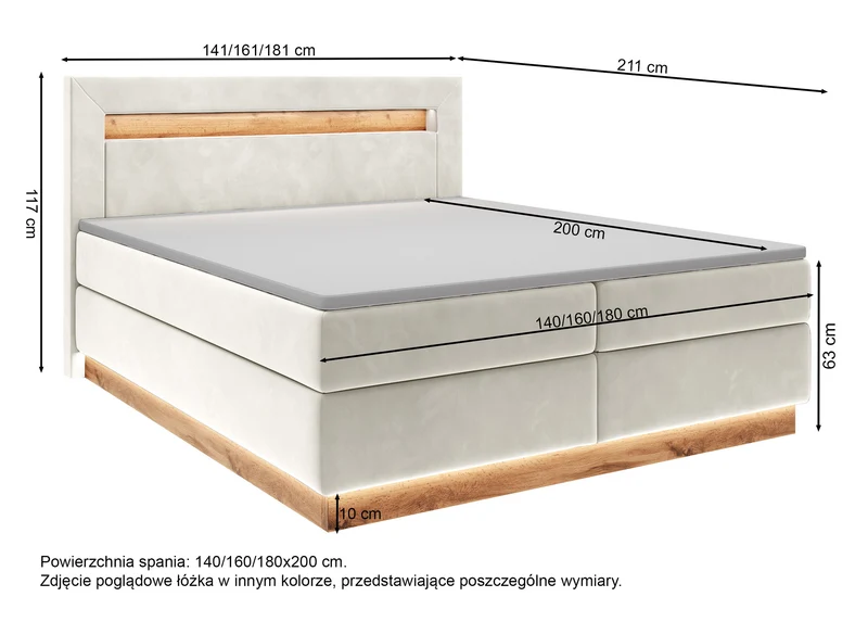 Kontinentales Bett Promie 140x200 cm mit Topper und Beleuchtung, grafischer Samt