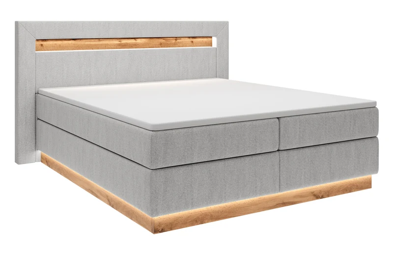 Kontinentales Bett Oski 140x200 cm mit Topper und Beleuchtung, hellgrauer Samt