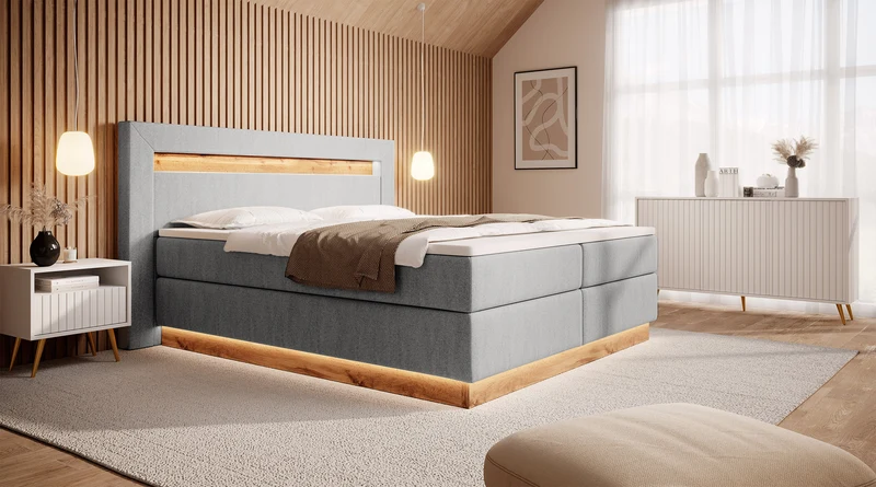 Kontinentales Bett Oski 140x200 cm mit Topper und Beleuchtung, hellgrauer Samt