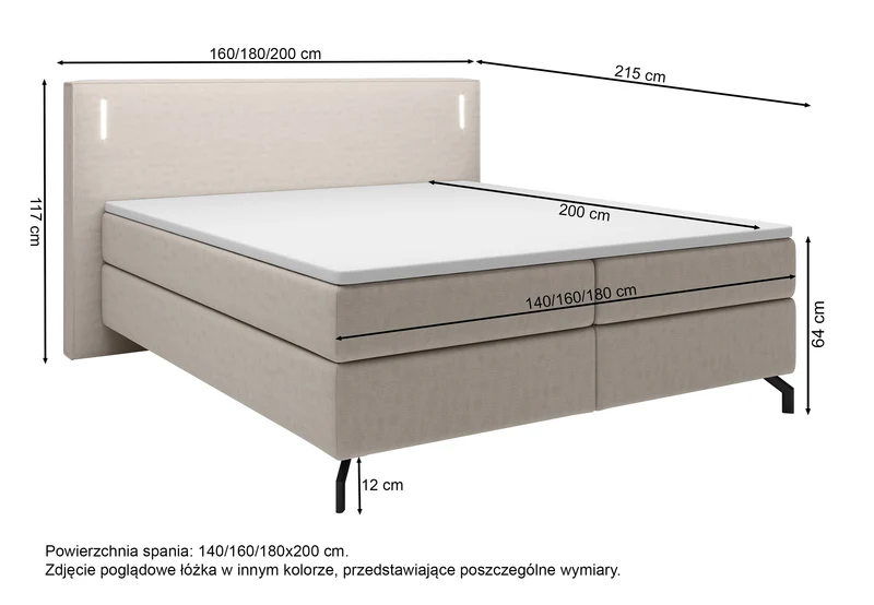 Kontinentales Bett Lanko 140x200 cm mit Topper und Beleuchtung, grauer Samt