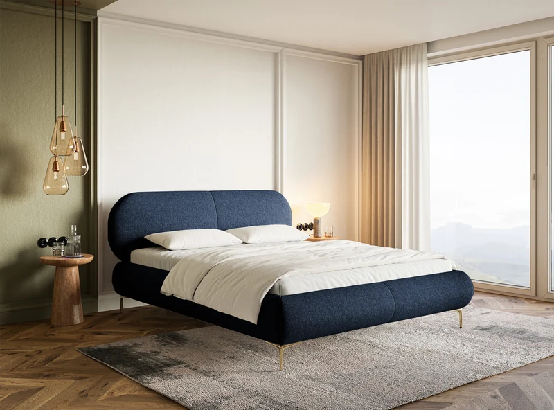 Polsterbett 180x200 cm Ovalle, marineblau, wasserabweisendes Geflecht, goldene Beine