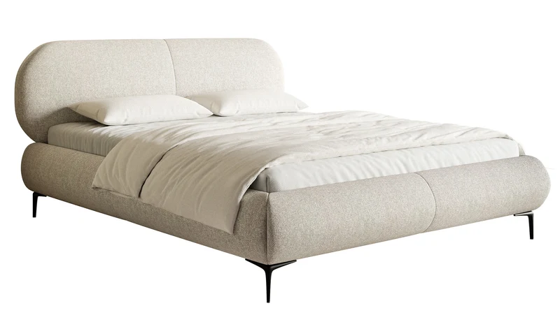 Polsterbett 180x200 cm Ovalle mit Stauraum, Metallrahmen, hellbeige, wasserabweisendes Geflecht, schwarze Beine