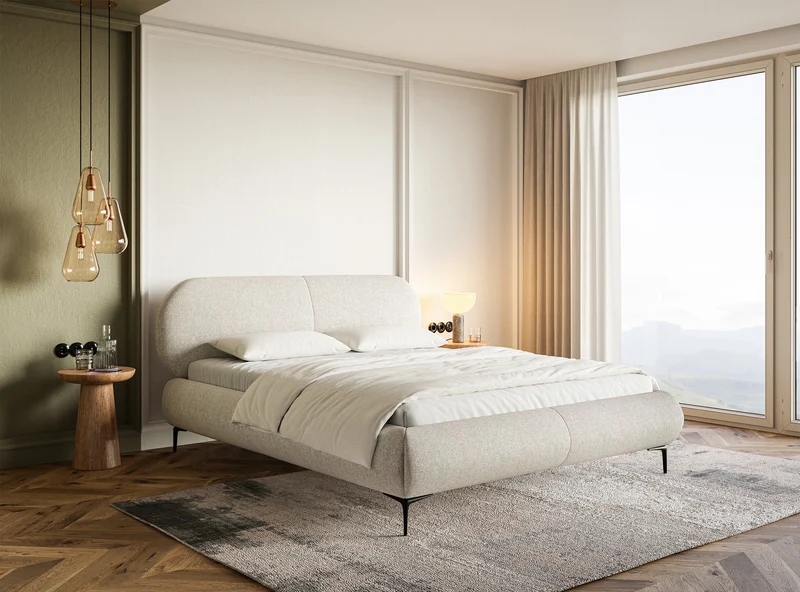 Polsterbett 180x200 cm Ovalle mit Stauraum, Metallrahmen, hellbeige, wasserabweisendes Geflecht, schwarze Beine