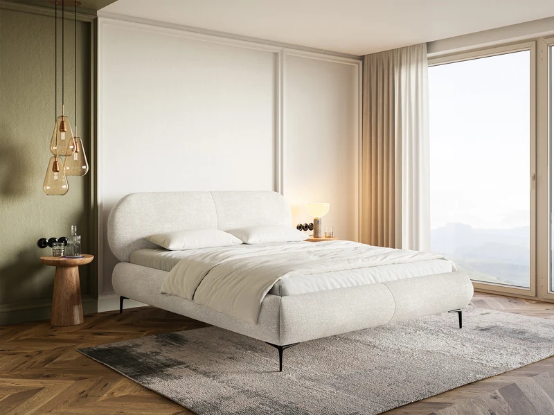 Polsterbett 180x200 cm Ovalle mit Stauraum, Metallrahmen, cremefarbenes Chenille, schwarze Beine