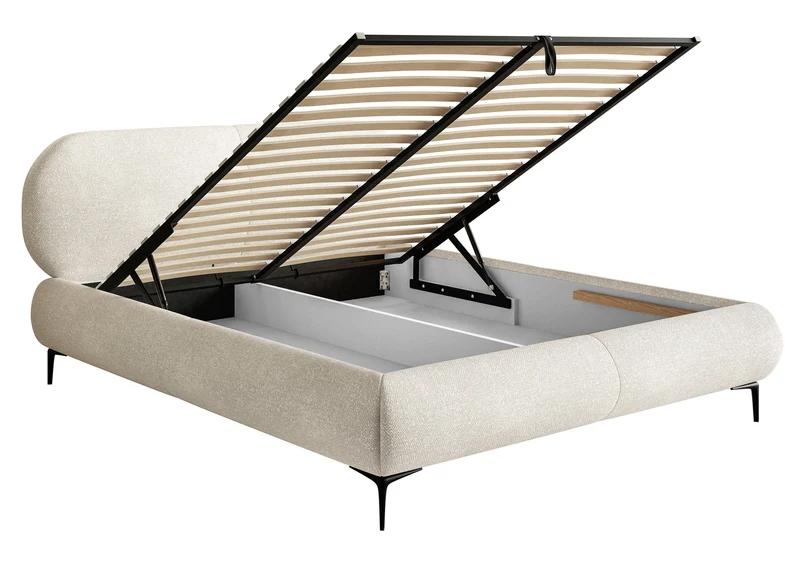 Polsterbett 180x200 cm Ovalle mit Stauraum, Metallrahmen, cremefarbenes Chenille, schwarze Beine