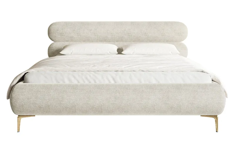 Polsterbett 160x200 cm Roule mit Stauraum, Metallrahmen, hellbeige Chenille, goldene Beine