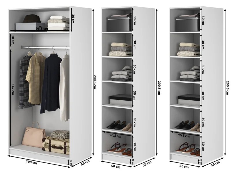Vier­türiger Schrank Frame mit Kleiderstange und Regalen, 200 cm, Weiß