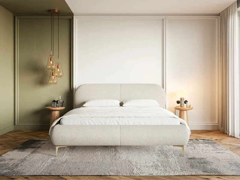 Polsterbett 160x200 cm Ovalle hellbeige, wasserabweisendes Geflecht, goldene Beine