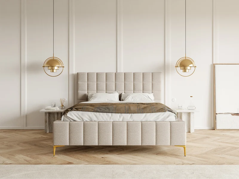 Gepolstertes Bett 160x200 cm Szejlo mit Stauraum, Metallrahmen, grau-beiger Chenillestoff