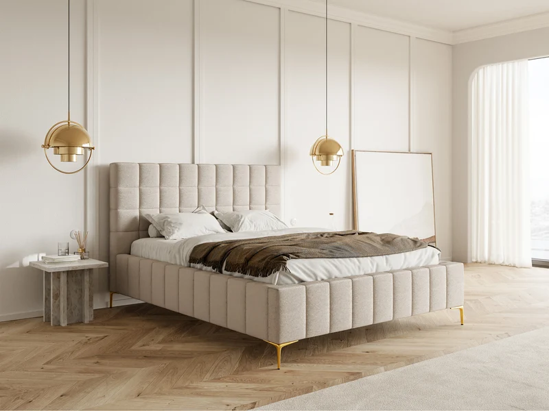 Gepolstertes Bett 160x200 cm Szejlo mit Stauraum, Metallrahmen, grau-beiger Chenillestoff