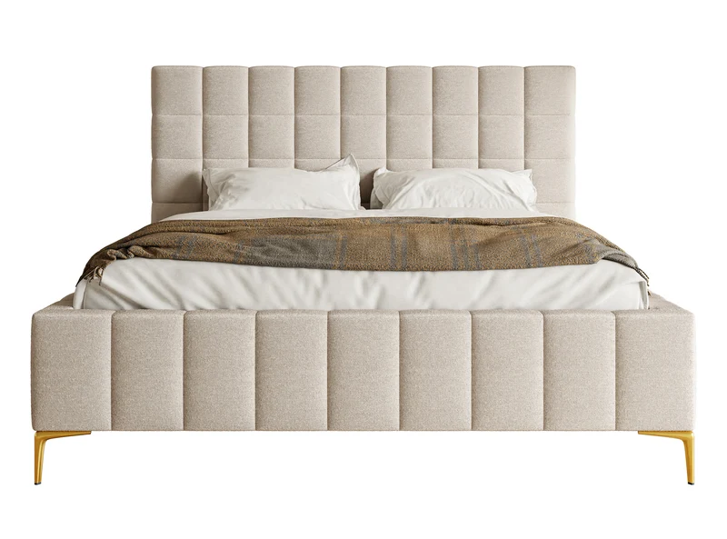 Gepolstertes Bett 160x200 cm Szejlo mit Stauraum, Metallrahmen, grau-beiger Chenillestoff