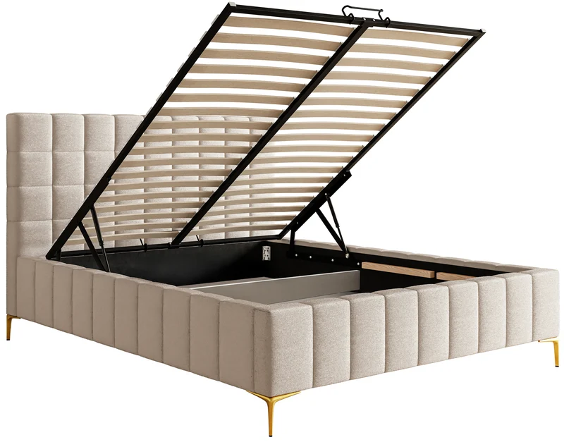Gepolstertes Bett 160x200 cm Szejlo mit Stauraum, Metallrahmen, grau-beiger Chenillestoff
