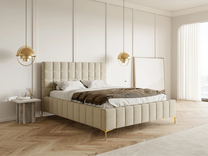 Polsterbett 180x200 cm Szejlo mit Stauraum, Metallrahmen, beige Chenille