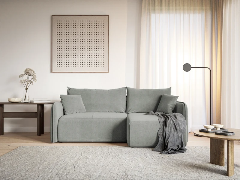 Ecksofa mit Schlaffunktion Mamla, L-förmig, hellgrau, mit Stauraum, hydrophober Samt, universell einsetzbar