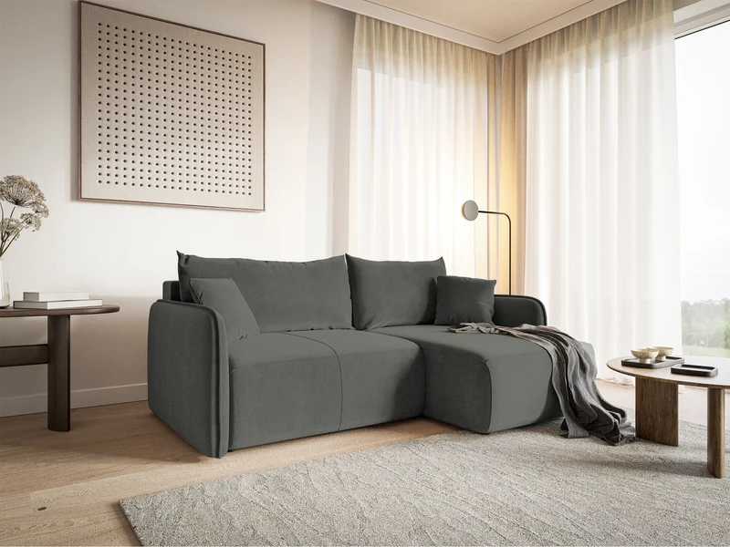 Ecksofa mit Schlaffunktion Mamla, L-förmig, grau, mit Stauraum, hydrophobes Samt, universell einsetzbar