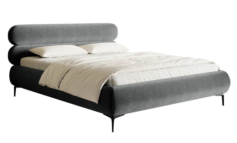 Gepolstertes Bett 140x200 cm Roule, grauer Velours, wasserabweisend, schwarze Beine