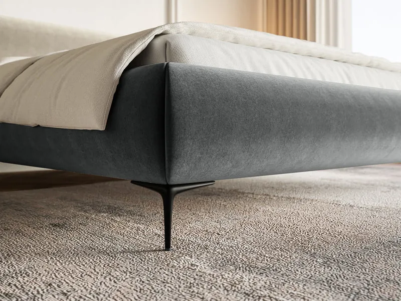 Gepolstertes Bett 140x200 cm Roule, grauer Velours, wasserabweisend, schwarze Beine