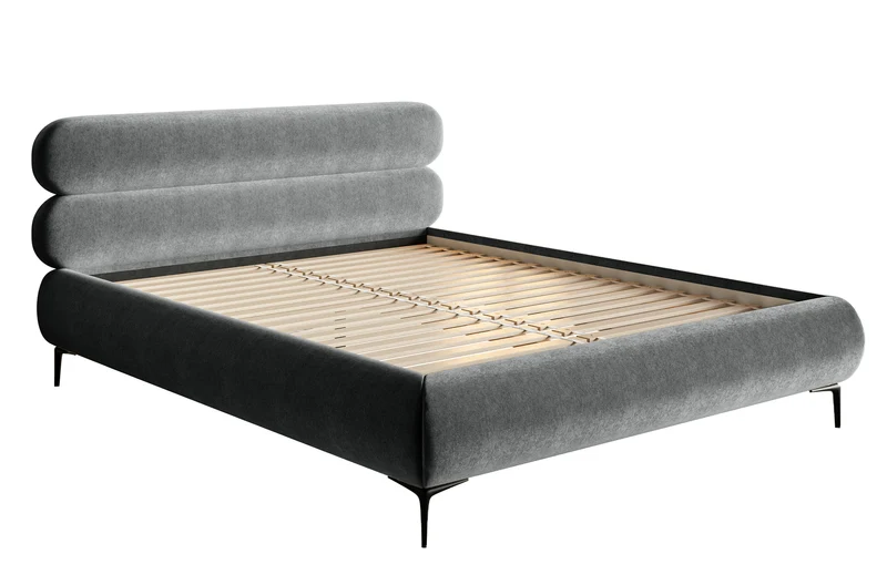 Gepolstertes Bett 140x200 cm Roule, grauer Velours, wasserabweisend, schwarze Beine