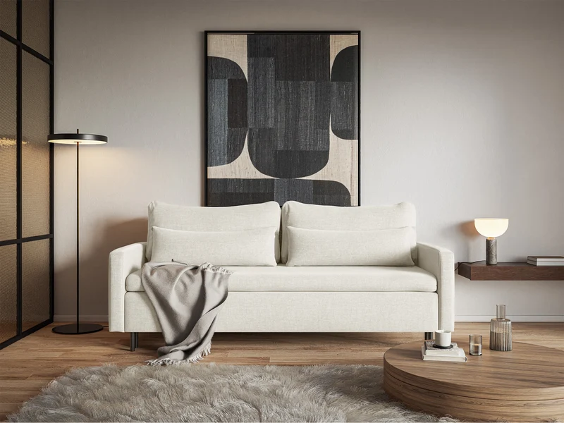 Dreisitziges ausklappbares Sofa Umpro mit Stauraum, cremefarbenes Chenille
