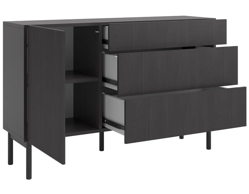 Einzeltür-Kommode Nolie mit drei Schubladen, 140 cm, Portland Esche Schwarz