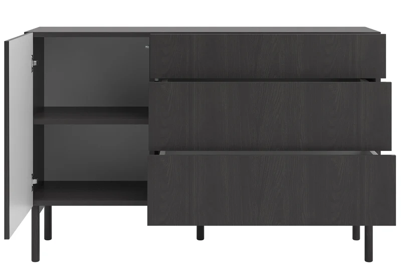 Einzeltür-Kommode Nolie mit drei Schubladen, 140 cm, Portland Esche Schwarz