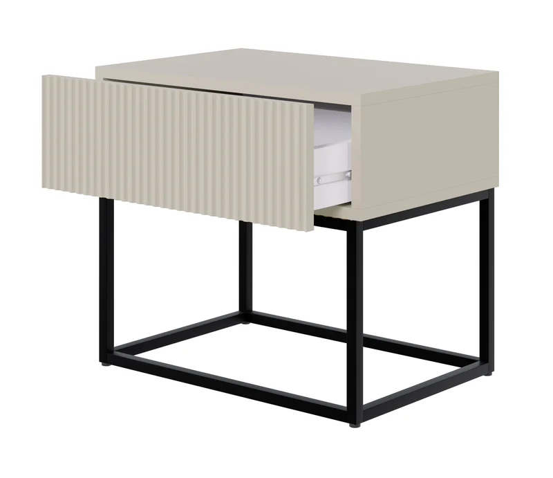 Nachttisch Veldio mit gefräster Front und Schublade 50 cm Grau-Beige mit schwarzen Beinen