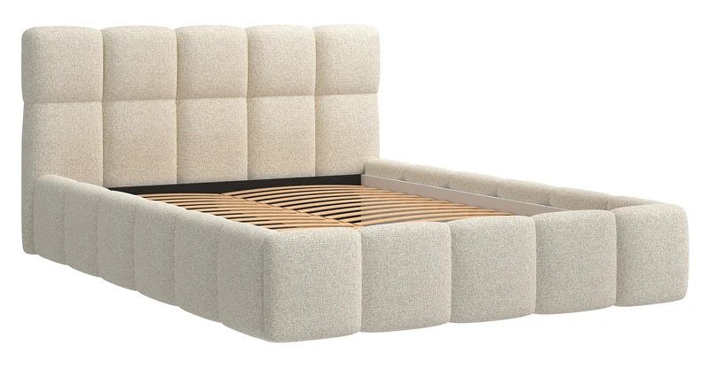 Polsterbett 160x200 cm Cloudy mit Stauraum, hellbeige Geflecht, Metallrahmen