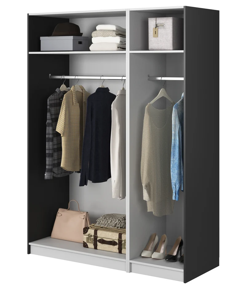 Drehtürenschrank Frame mit drei Türen, zwei Kleiderstangen, 150 cm, Schwarz