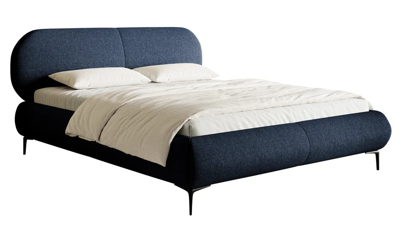 Polsterbett 180x200 cm Ovalle mit Stauraum, Metallrahmen, marineblaue hydrofobe Flechtung, schwarze Beine