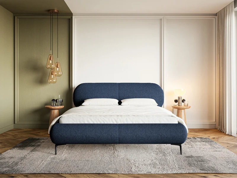 Polsterbett 180x200 cm Ovalle mit Stauraum, Metallrahmen, marineblaue hydrofobe Flechtung, schwarze Beine
