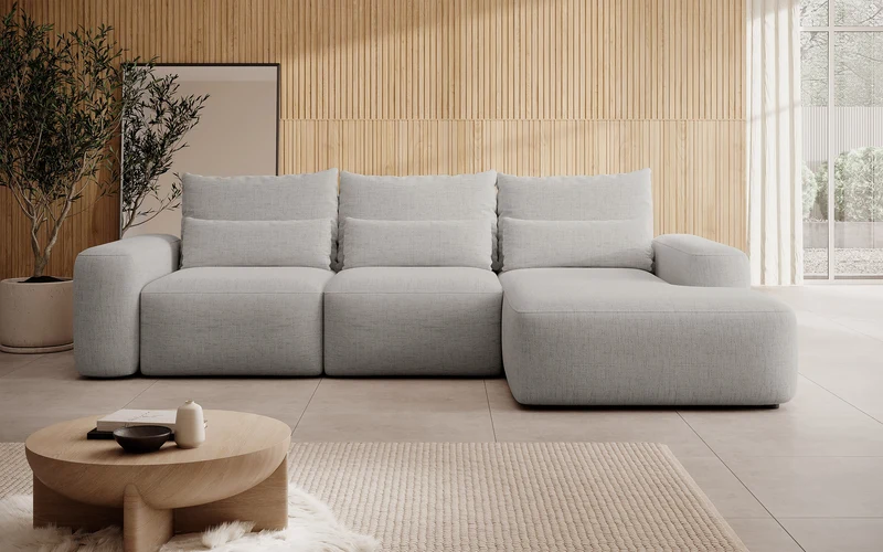 Ecksofa mit Schlaffunktion Carnos, L-förmig, mit zusätzlichen Lendenkissen, grau, hydrophober Chenille-Stoff, rechtsseitig
