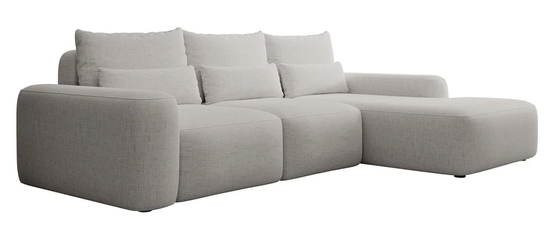 Ecksofa mit Schlaffunktion Carnos, L-förmig, mit zusätzlichen Lendenkissen, grau, hydrophober Chenille-Stoff, rechtsseitig