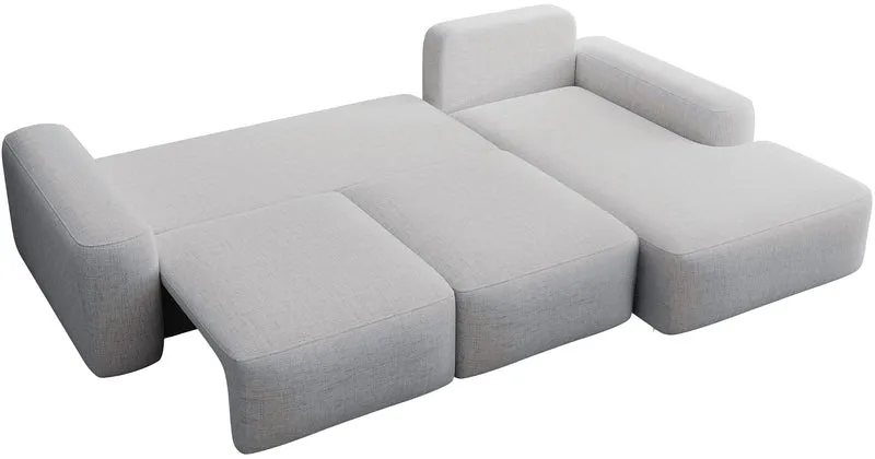 Ecksofa mit Schlaffunktion Carnos, L-förmig mit Ball, einzelne Kissen, grauer hydrophober Chenille, rechtsseitig
