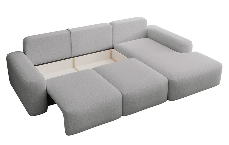 Ecksofa mit Schlaffunktion Carnos, L-förmig, mit zusätzlichen Lendenkissen, grau, hydrophober Chenille-Stoff, rechtsseitig