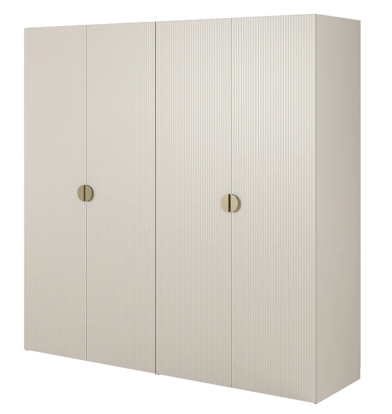 Vierflügeliger Kleiderschrank Moonir mit zwei Kleiderstangen, Regalen und Container, 200 cm, Grau-Beige