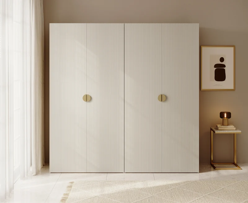 Vierflügeliger Kleiderschrank Moonir mit zwei Kleiderstangen, Regalen und Container, 200 cm, Grau-Beige