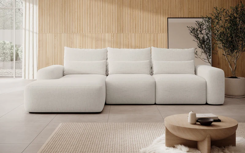 Ecksofa mit Schlaffunktion Carnos, L-förmig, mit zusätzlichen Lendenkissen, cremefarben, hydrophobes Chenille, linksseitig