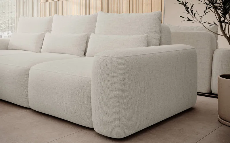 Ecksofa mit Schlaffunktion Carnos, L-förmig, mit zusätzlichen Lendenkissen, cremefarben, hydrophobes Chenille, linksseitig