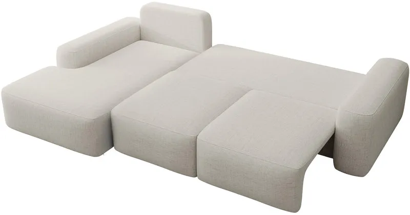 Ecksofa mit Schlaffunktion Carnos, L-förmig mit Ball, einzelne Kissen, cremefarbener hydrophober Chenille, linksseitig