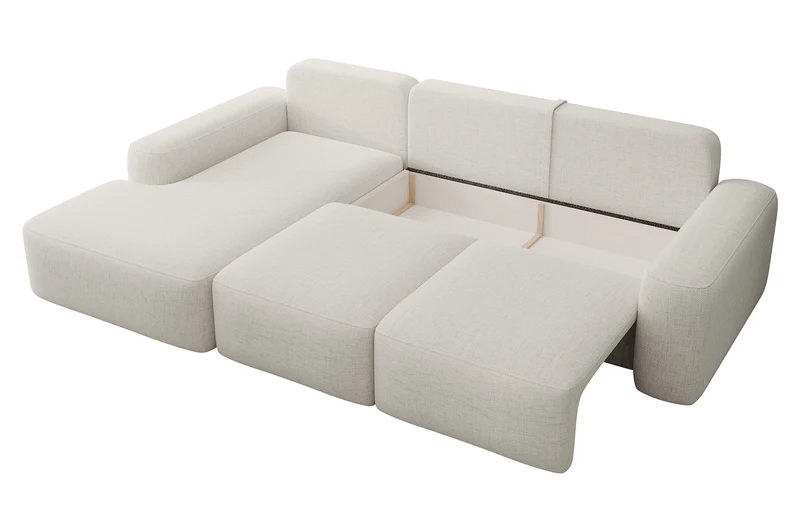 Ecksofa mit Schlaffunktion Carnos, L-förmig, mit zusätzlichen Lendenkissen, cremefarben, hydrophobes Chenille, linksseitig